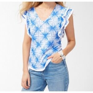 Chico's Top Womens 3 (16/18) XL Amparo Blue Linen Flutter Sleeve Geometric NEW